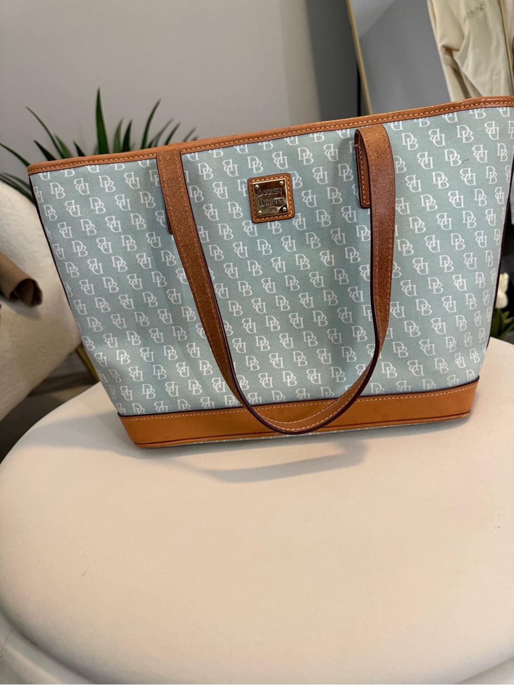 Dooney & Bourke Light green Monogram Tote with Brown Trim